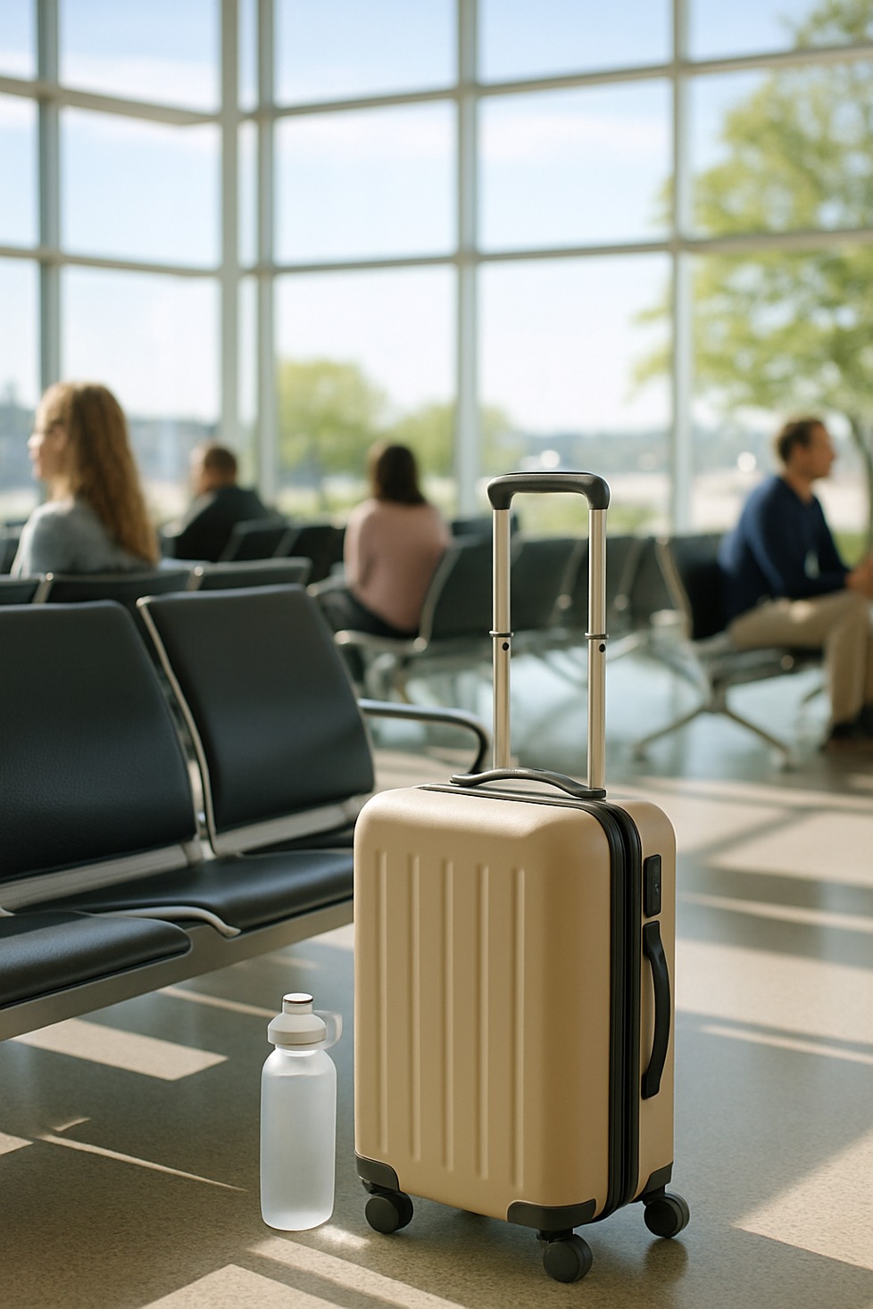 Traveler at an airport gate with carry-on luggage and a reusable water bottle in natural daylight