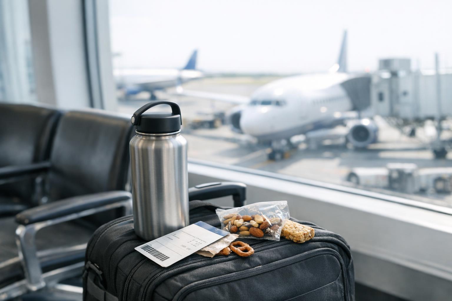 Airport gate seating with a reusable water bottle on a carry-on bag beside snacks and a boarding pass