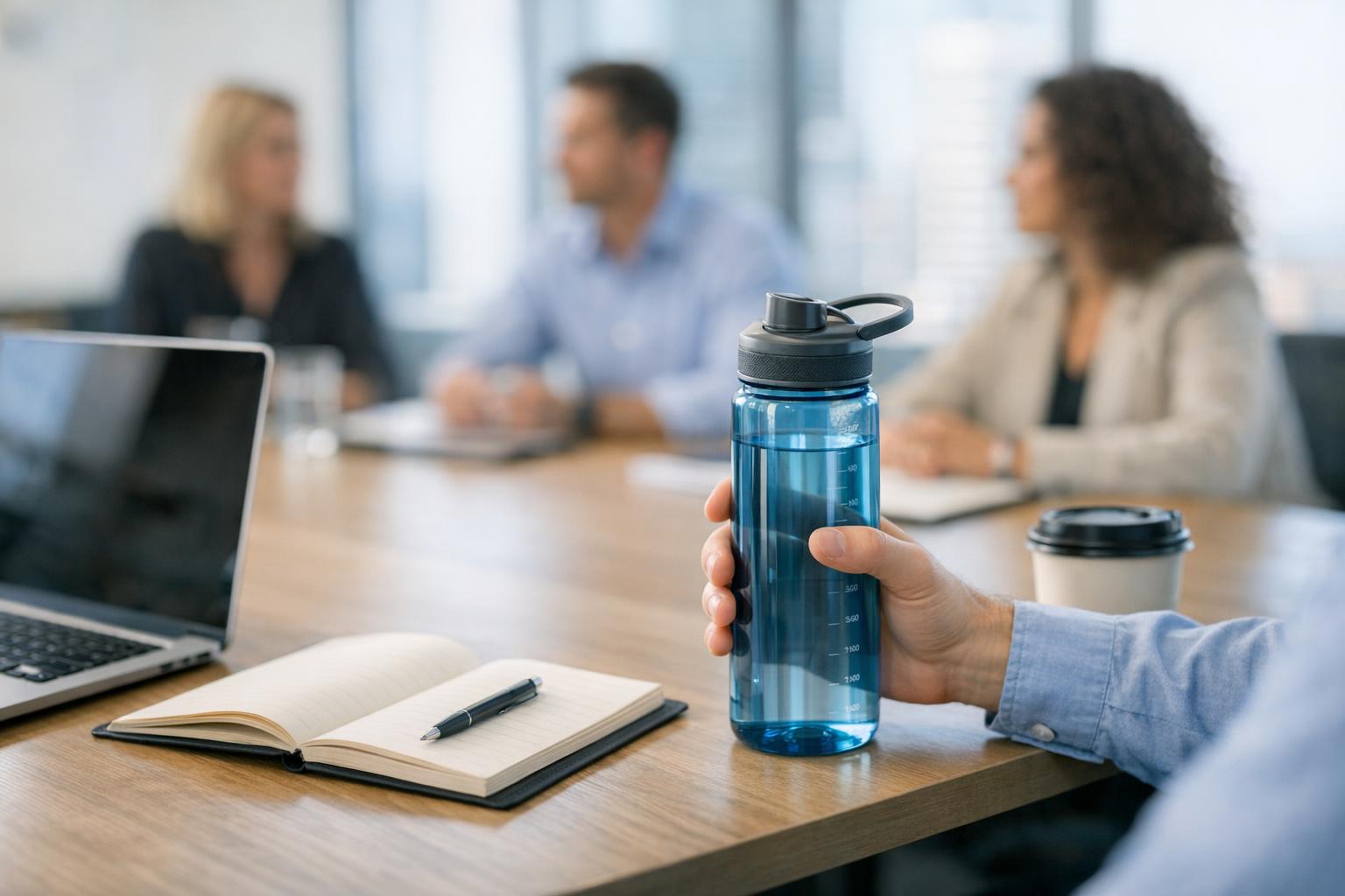 A modern office meeting room with a reusable water bottle, laptop, and coffee on the table