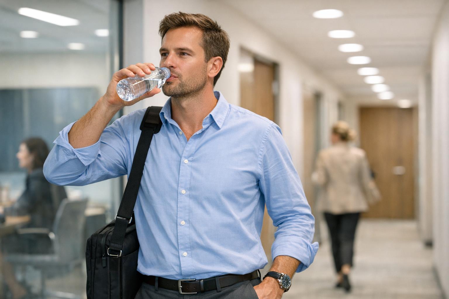 A person walking through an office hallway while sipping water between meetings
