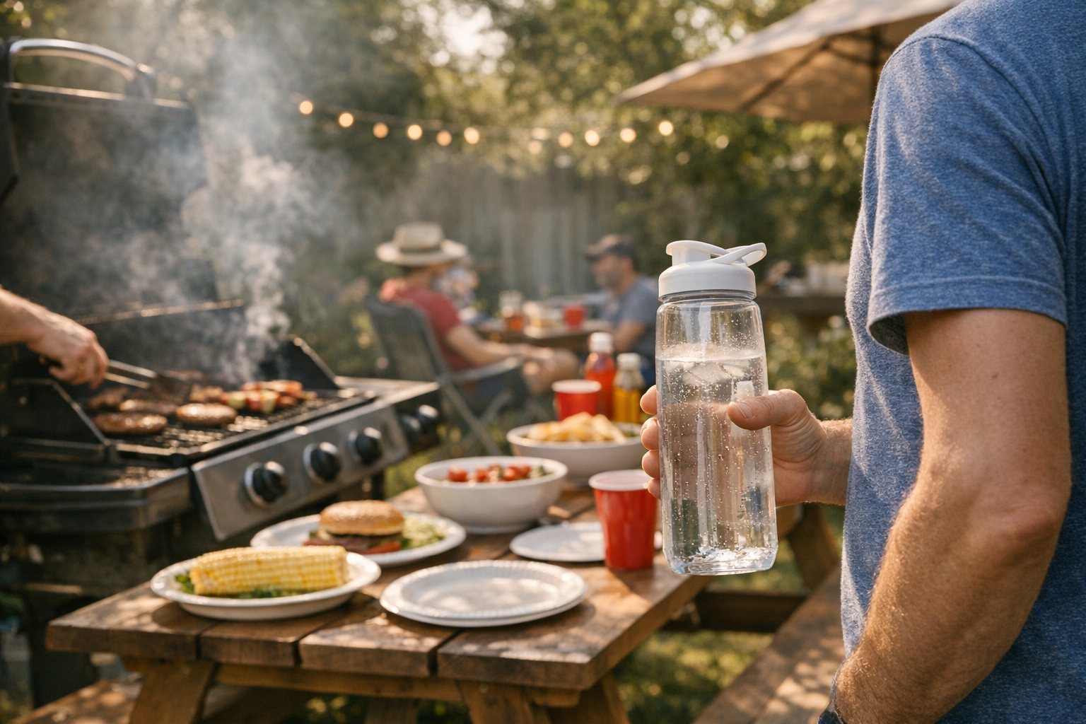 A realistic backyard barbecue scene with a water bottle near a grill on a warm afternoon