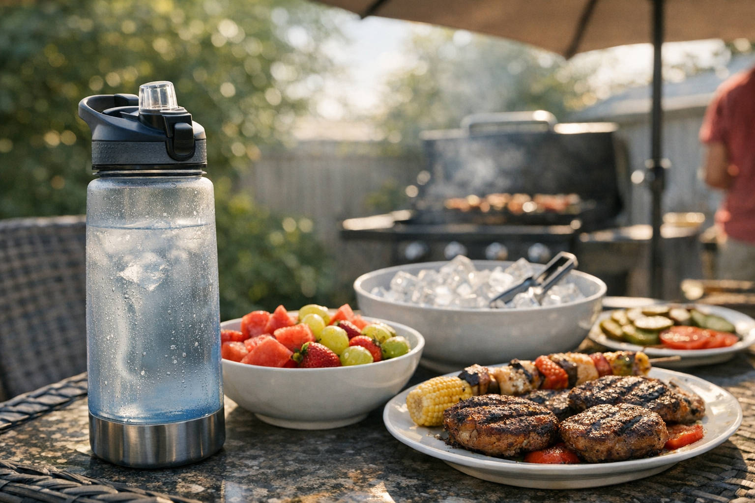 A reusable water bottle next to grilled food and fruit on a shaded backyard table