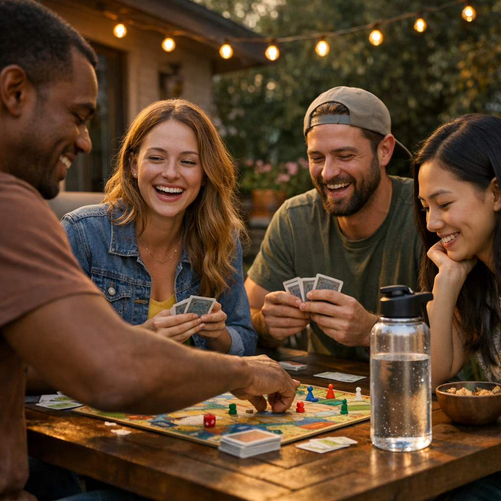 Friends playing board games on a backyard patio with a water bottle in view