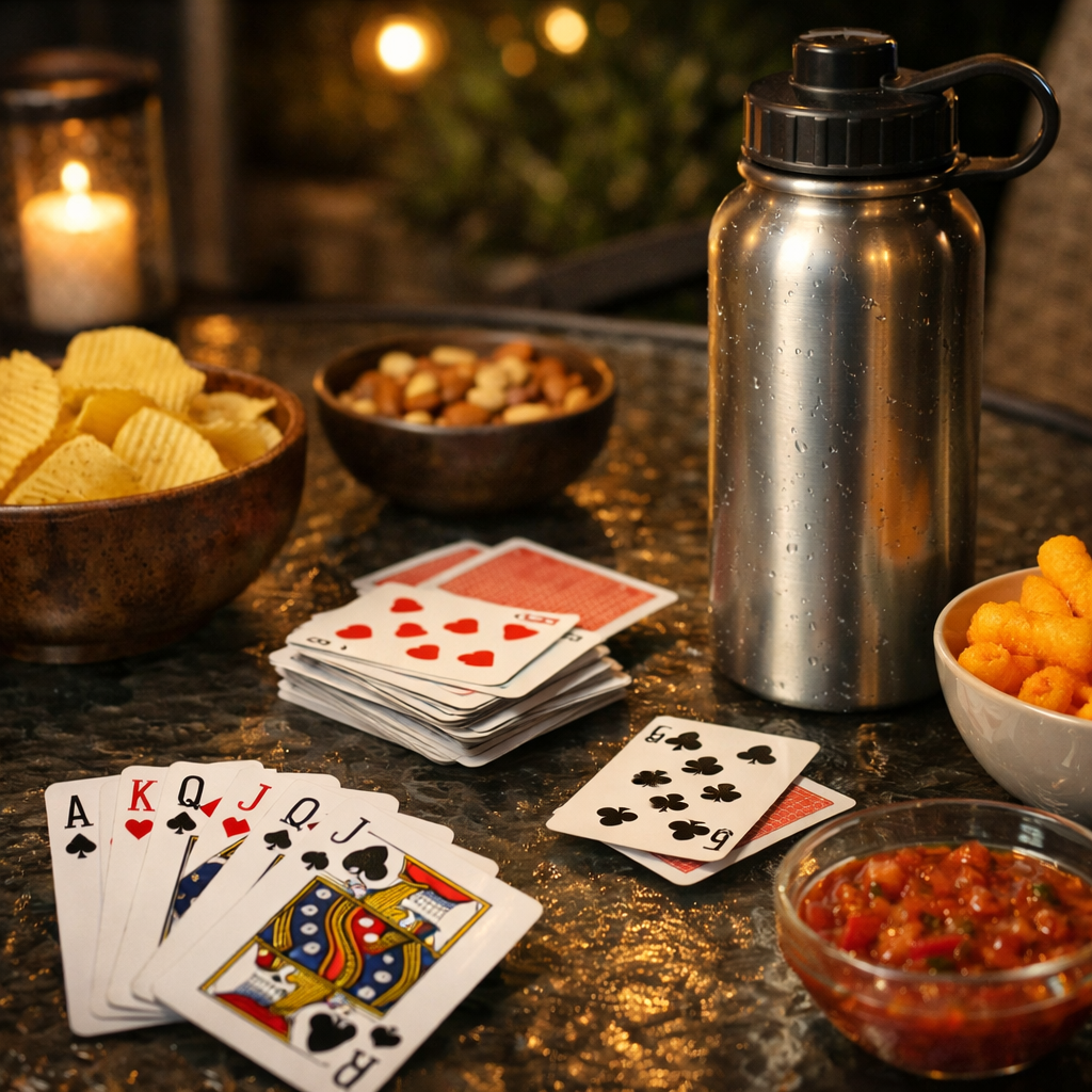 Cards, snacks, and a reusable water bottle on a patio table at night
