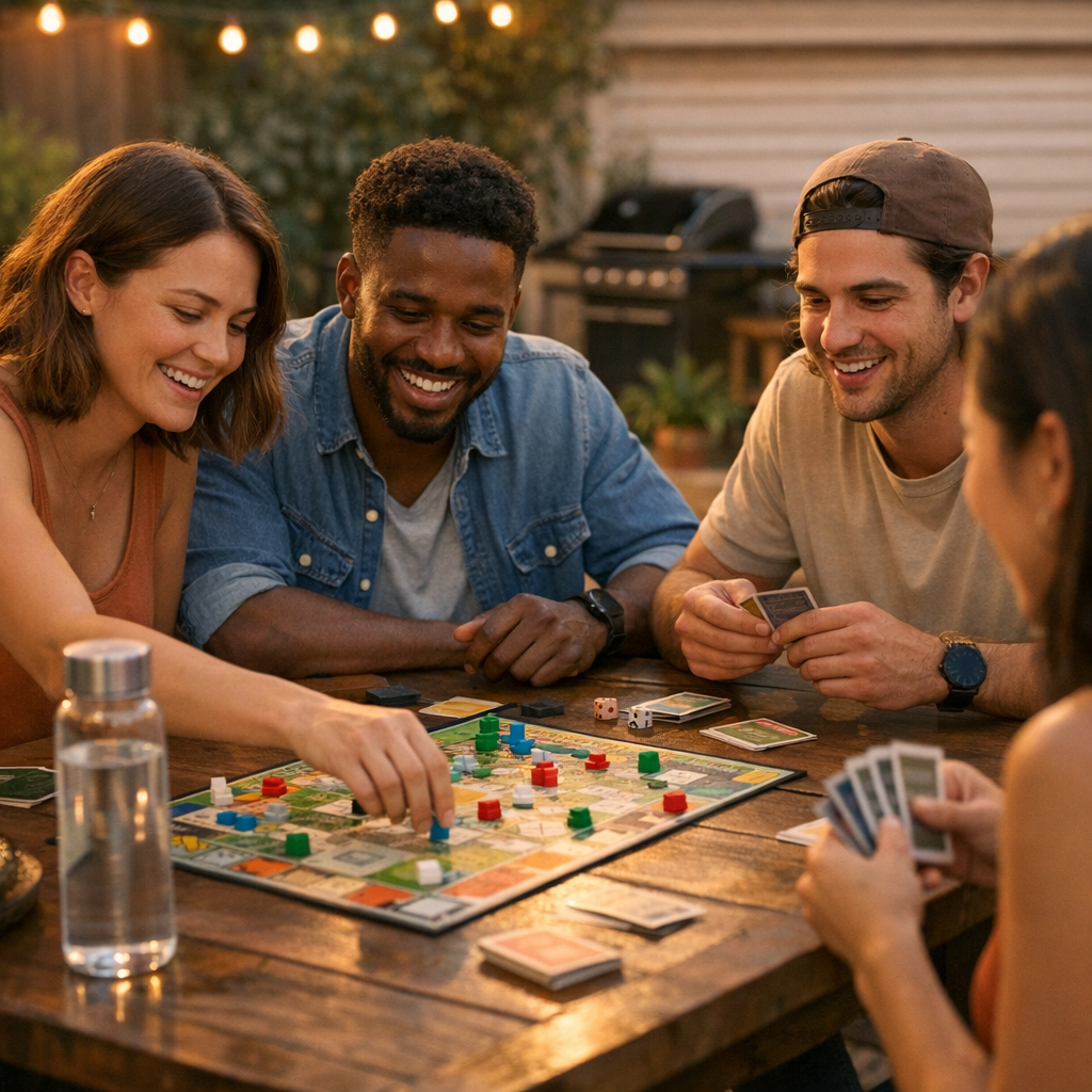 Friends playing board games on a backyard patio with a water bottle in view