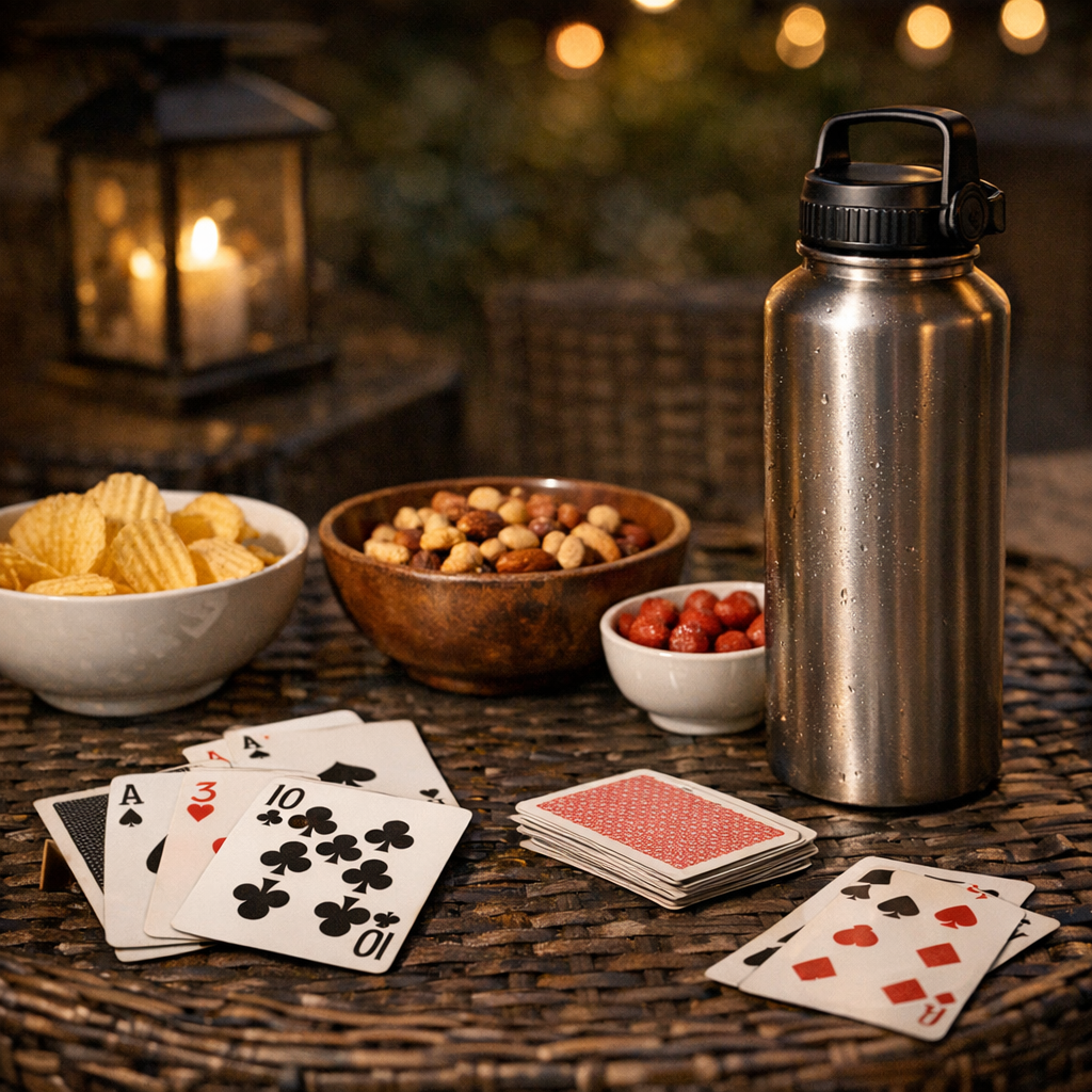 Cards, snacks, and a reusable water bottle on a patio table at night
