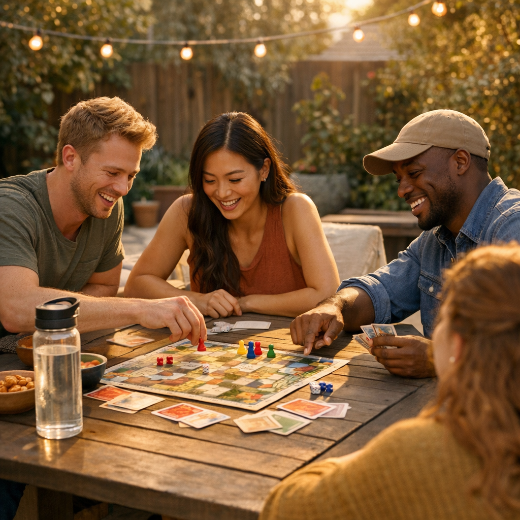 Friends playing board games on a backyard patio with a water bottle in view