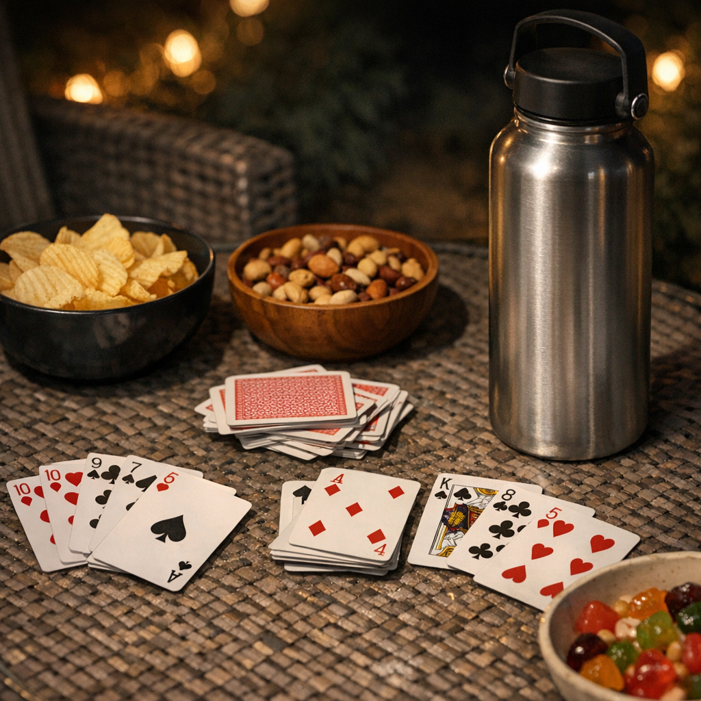 Cards, snacks, and a reusable water bottle on a patio table at night