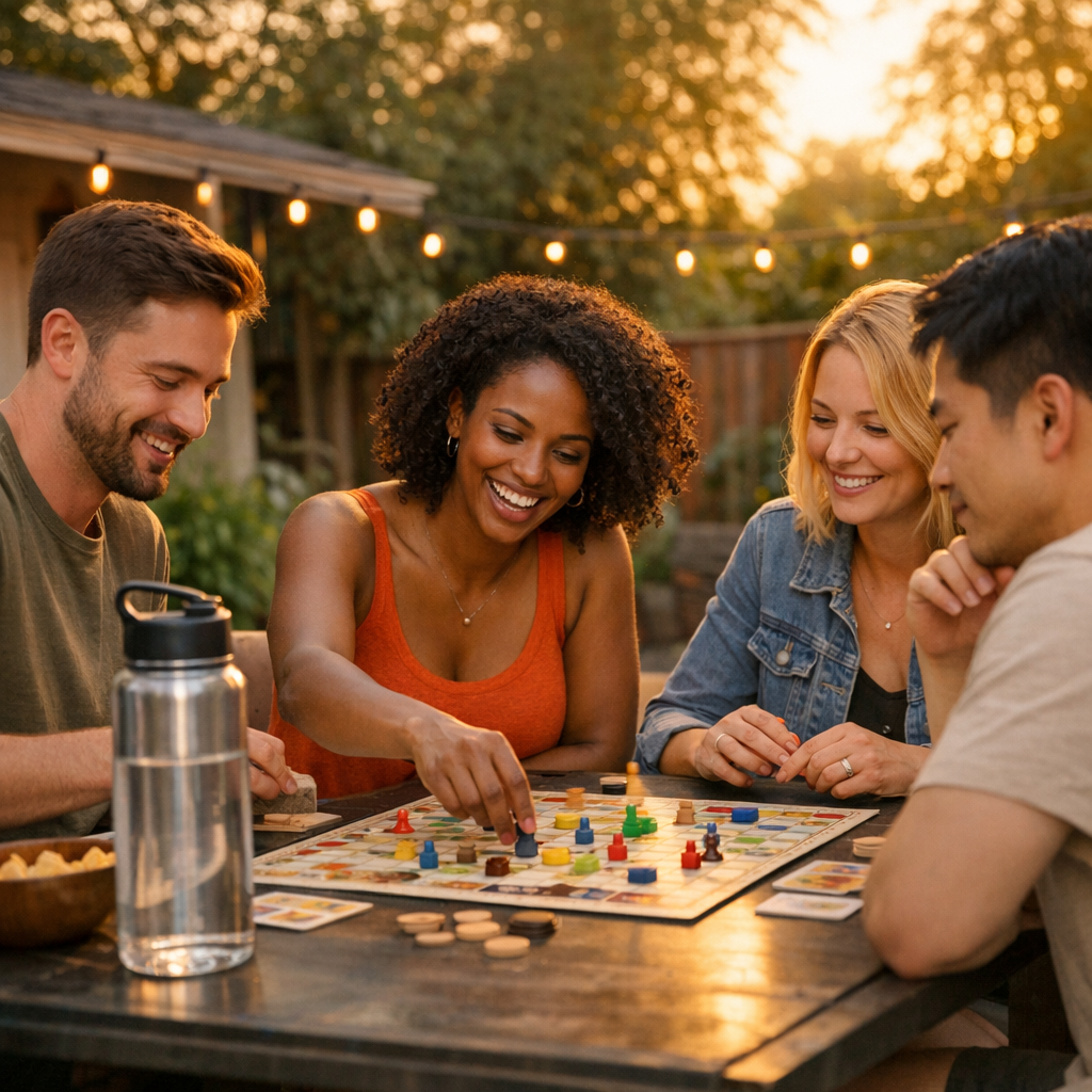 Friends playing board games on a backyard patio with a water bottle in view