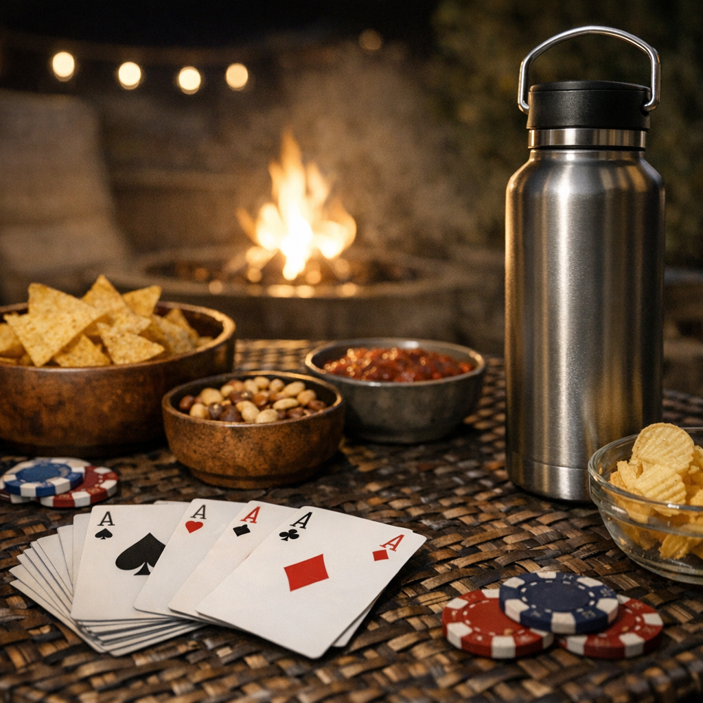 Cards, snacks, and a reusable water bottle on a patio table at night