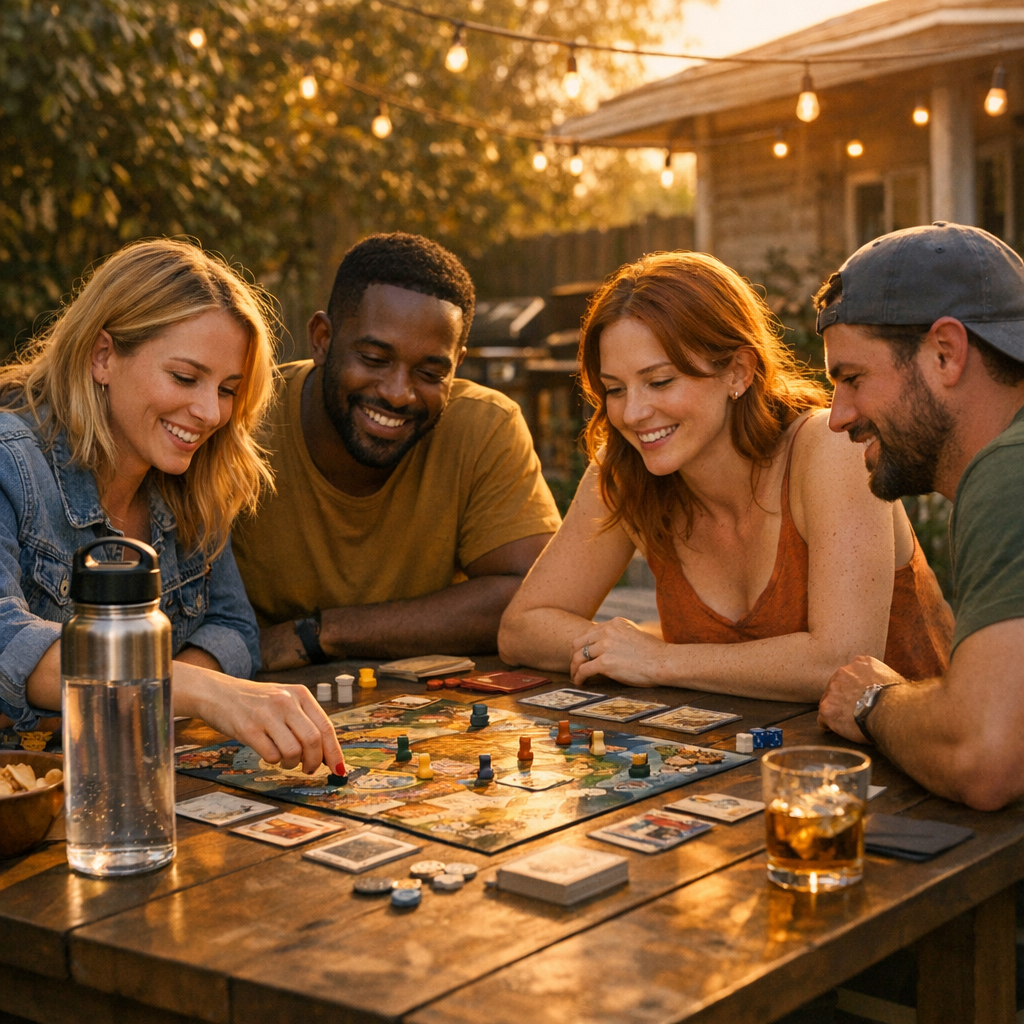 Friends playing board games on a backyard patio with a water bottle in view