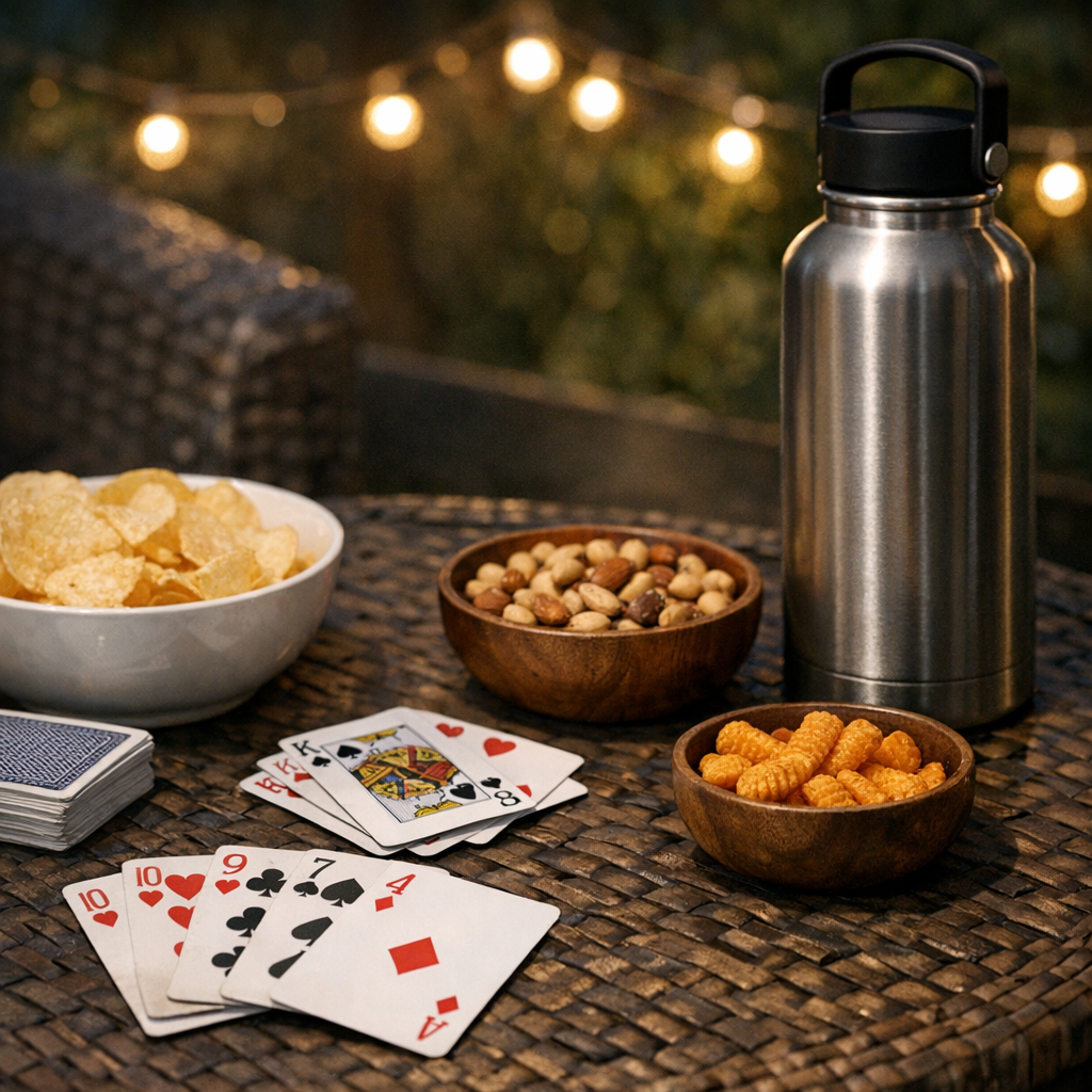 Cards, snacks, and a reusable water bottle on a patio table at night