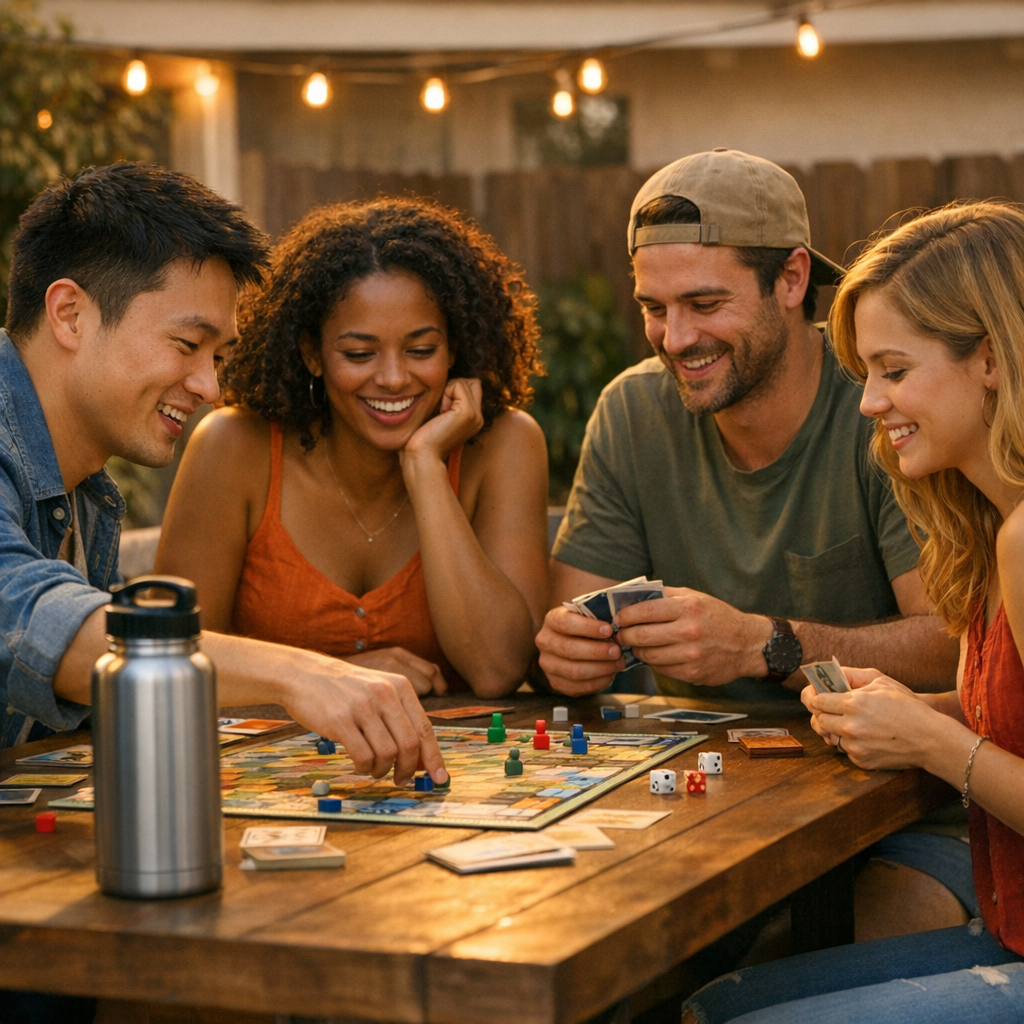 Friends playing board games on a backyard patio with a water bottle in view