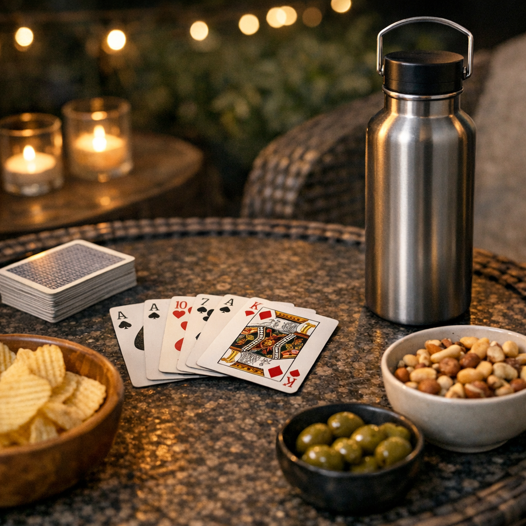 Cards, snacks, and a reusable water bottle on a patio table at night