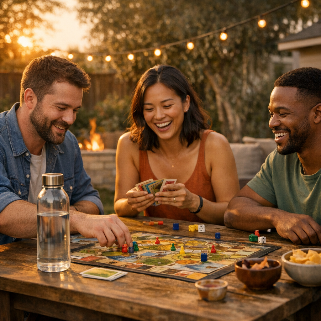 Friends playing board games on a backyard patio with a water bottle in view