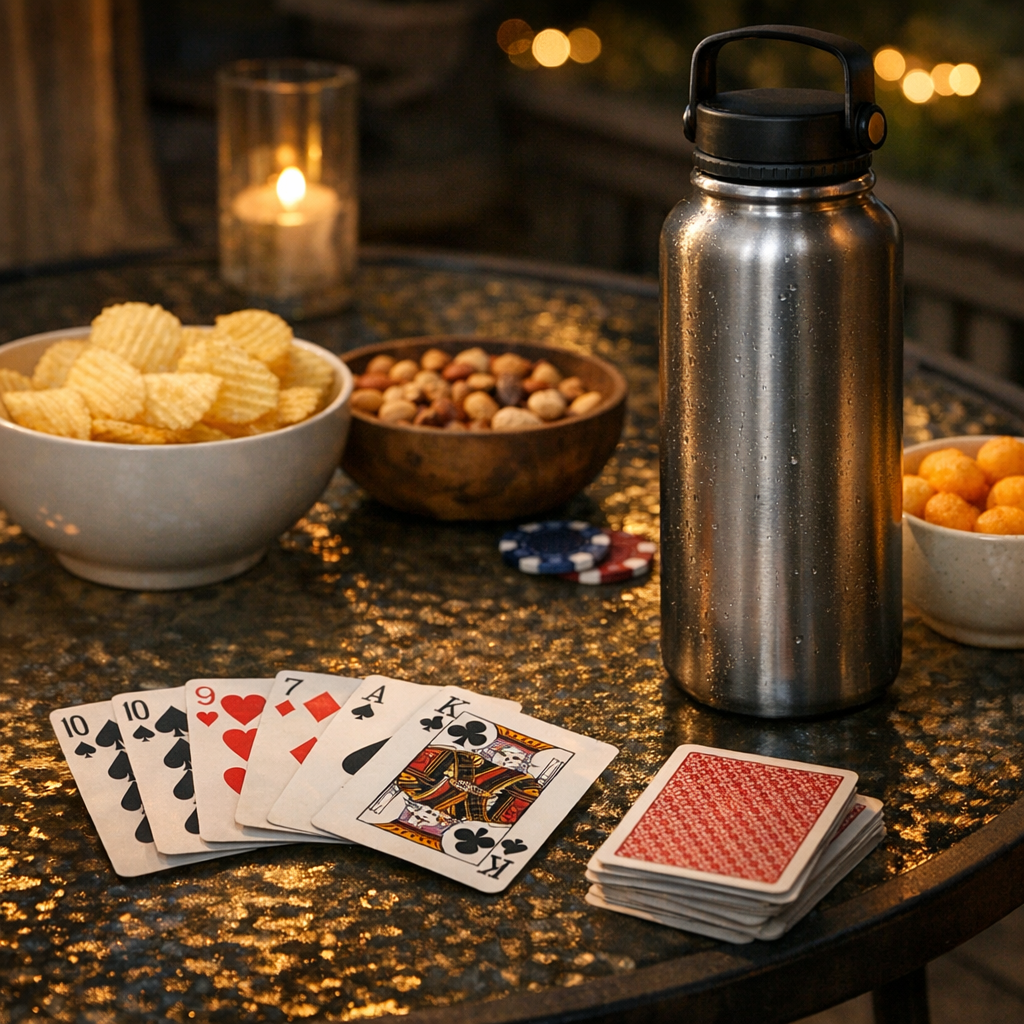 Cards, snacks, and a reusable water bottle on a patio table at night