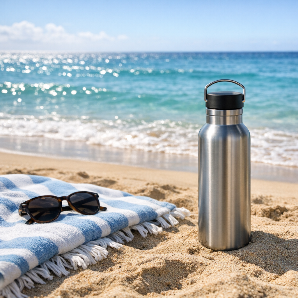 Beach setup with a reusable water bottle, towel, and bright ocean light