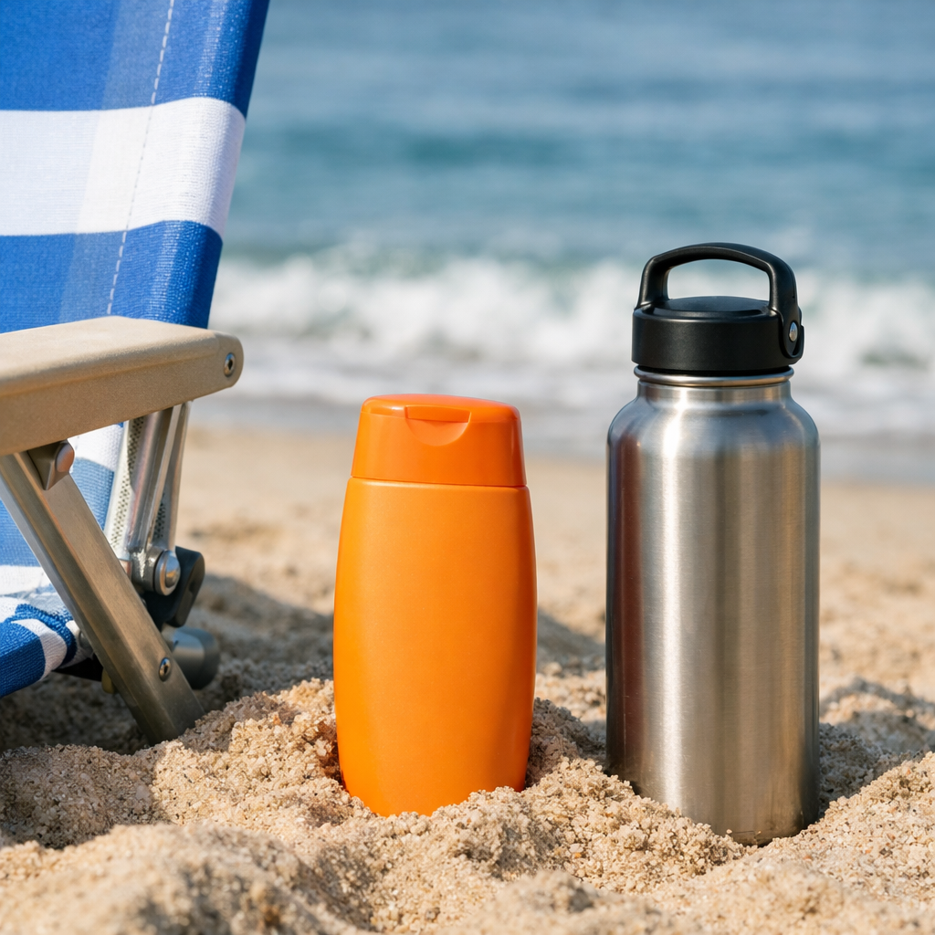 Beach chair, sunscreen, and a reusable water bottle in the sand