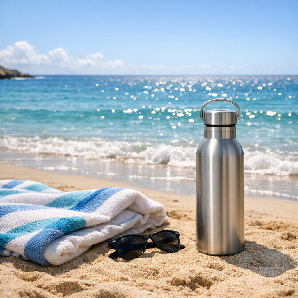 Beach setup with a reusable water bottle, towel, and bright ocean light