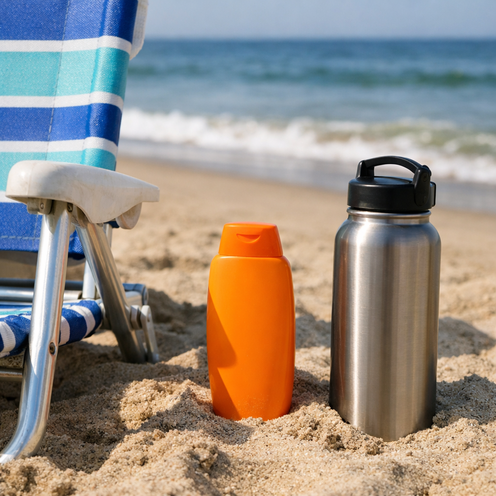 Beach chair, sunscreen, and a reusable water bottle in the sand