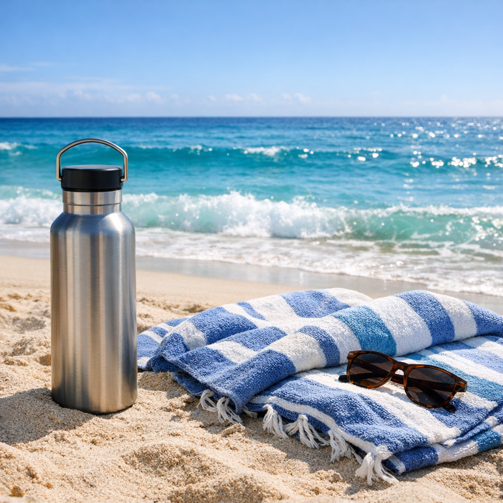 Beach setup with a reusable water bottle, towel, and bright ocean light