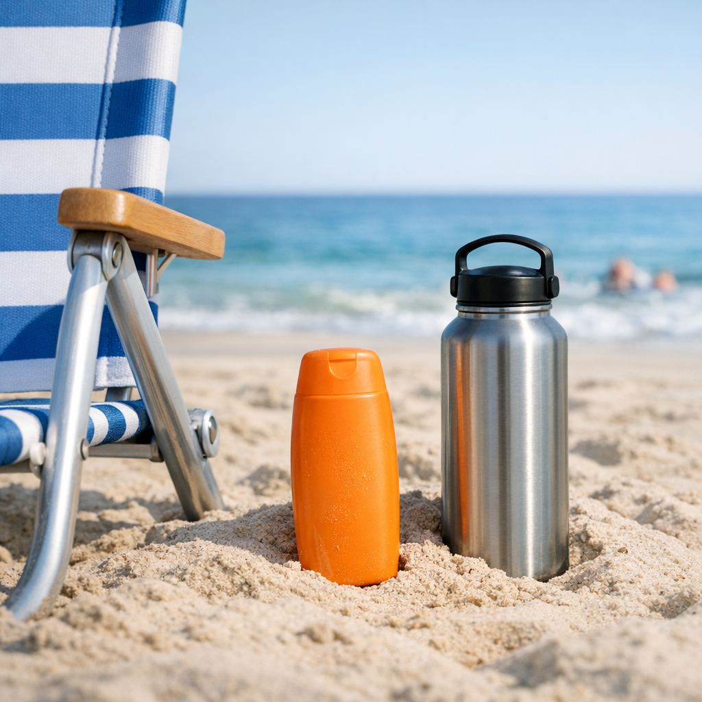 Beach chair, sunscreen, and a reusable water bottle in the sand