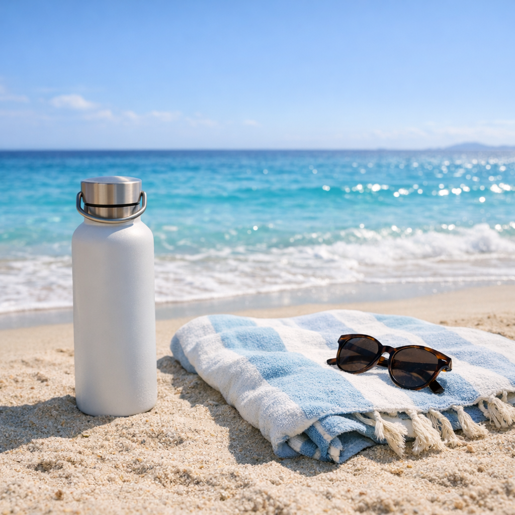 Beach setup with a reusable water bottle, towel, and bright ocean light