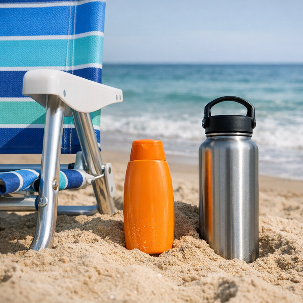 Beach chair, sunscreen, and a reusable water bottle in the sand
