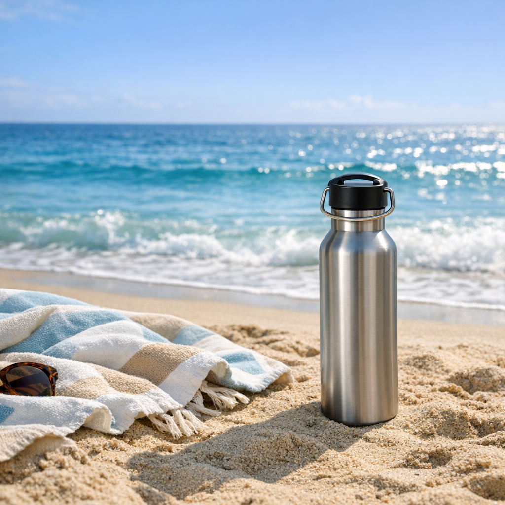 Beach setup with a reusable water bottle, towel, and bright ocean light