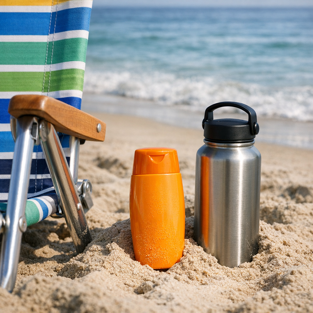 Beach chair, sunscreen, and a reusable water bottle in the sand