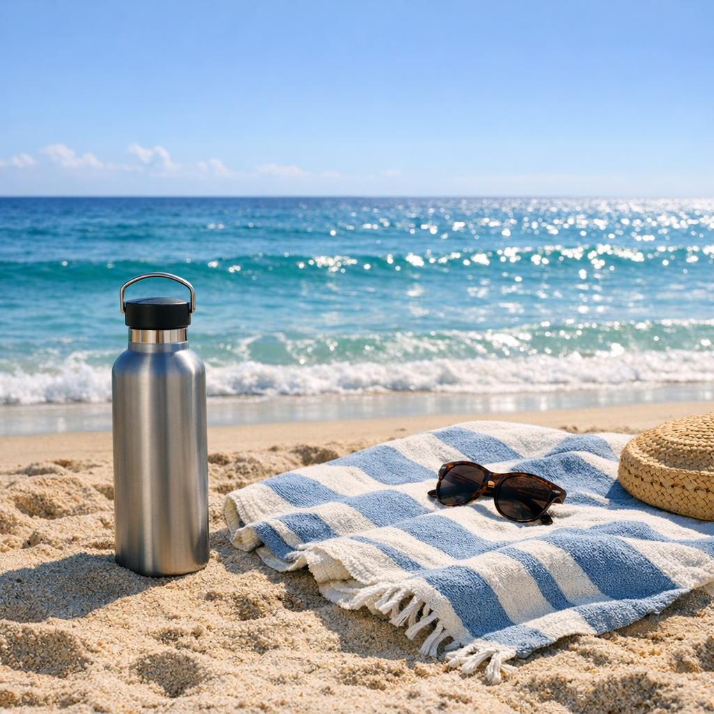 Beach setup with a reusable water bottle, towel, and bright ocean light