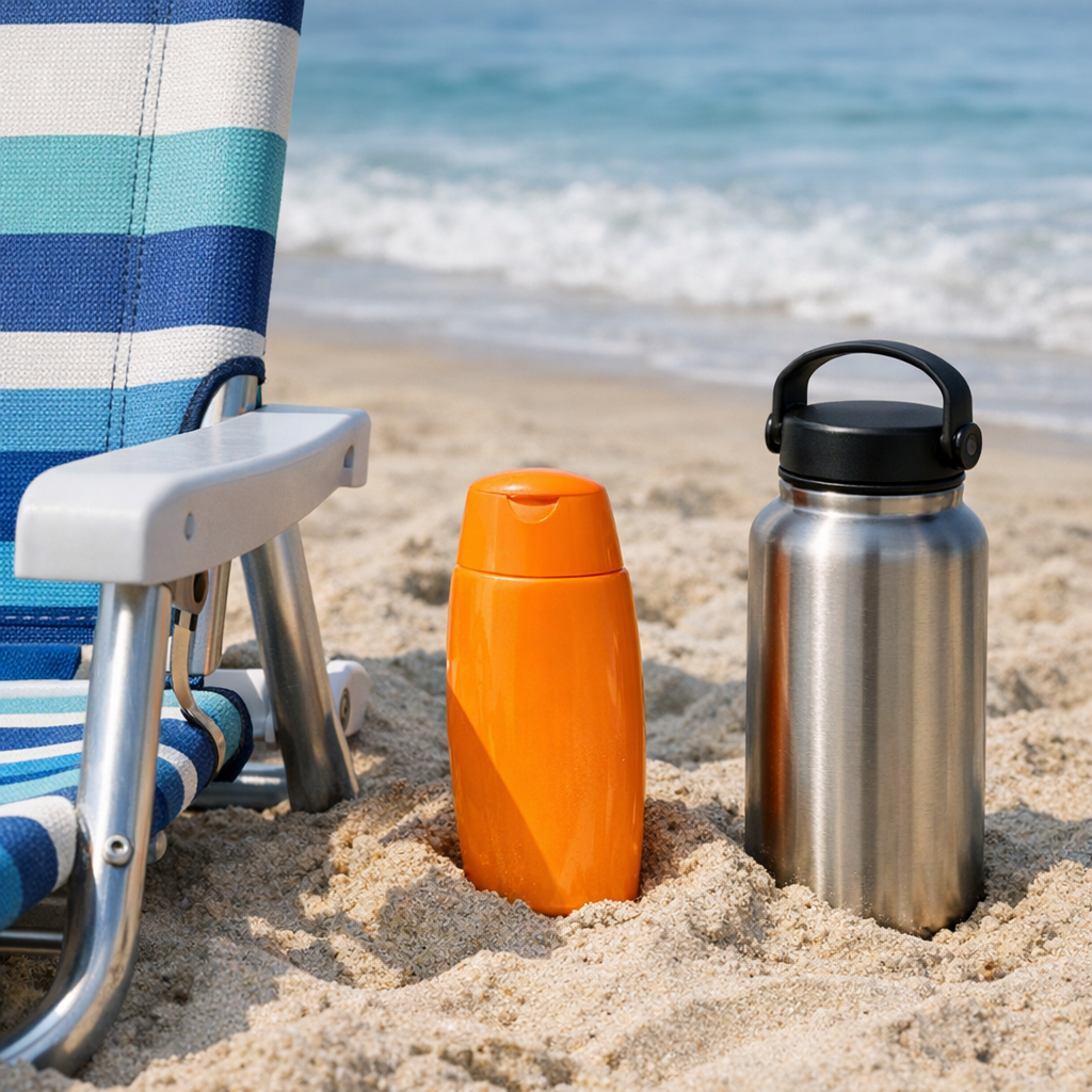 Beach chair, sunscreen, and a reusable water bottle in the sand
