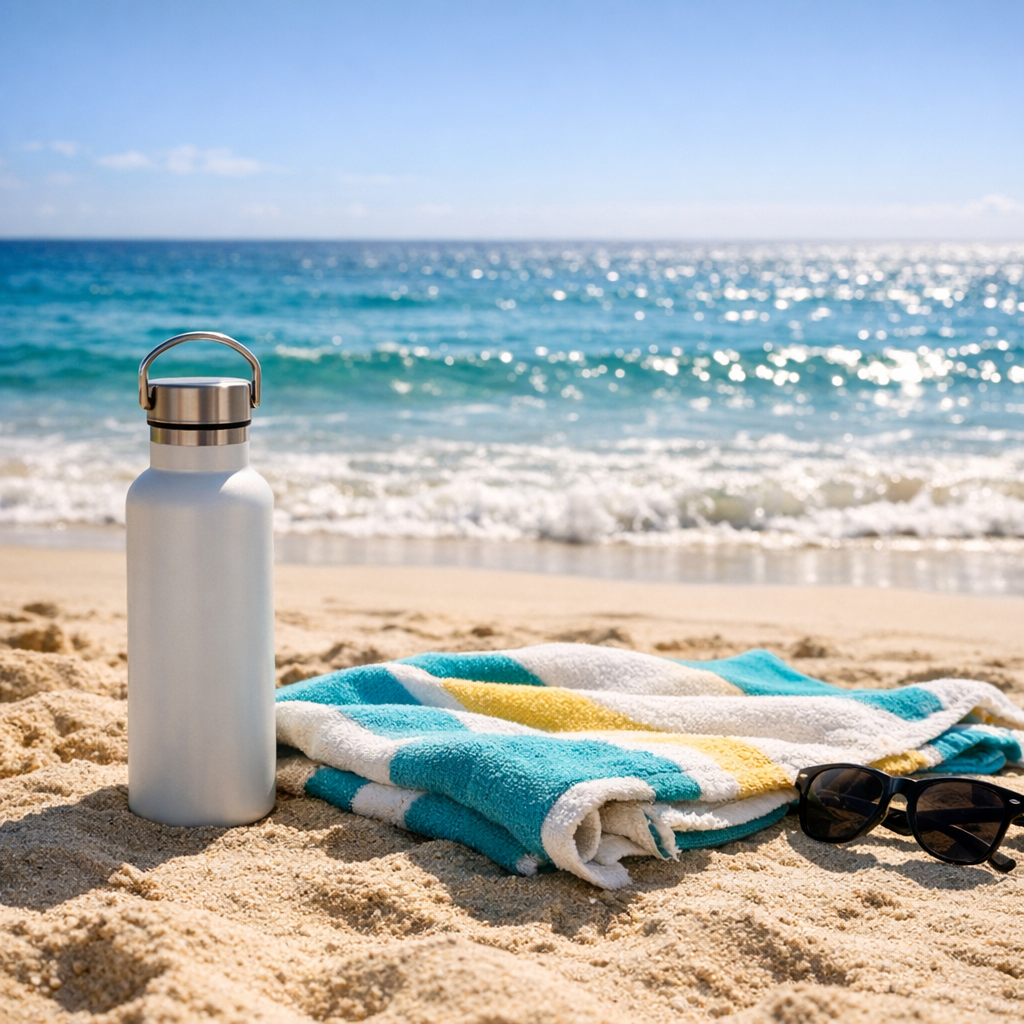 Beach setup with a reusable water bottle, towel, and bright ocean light