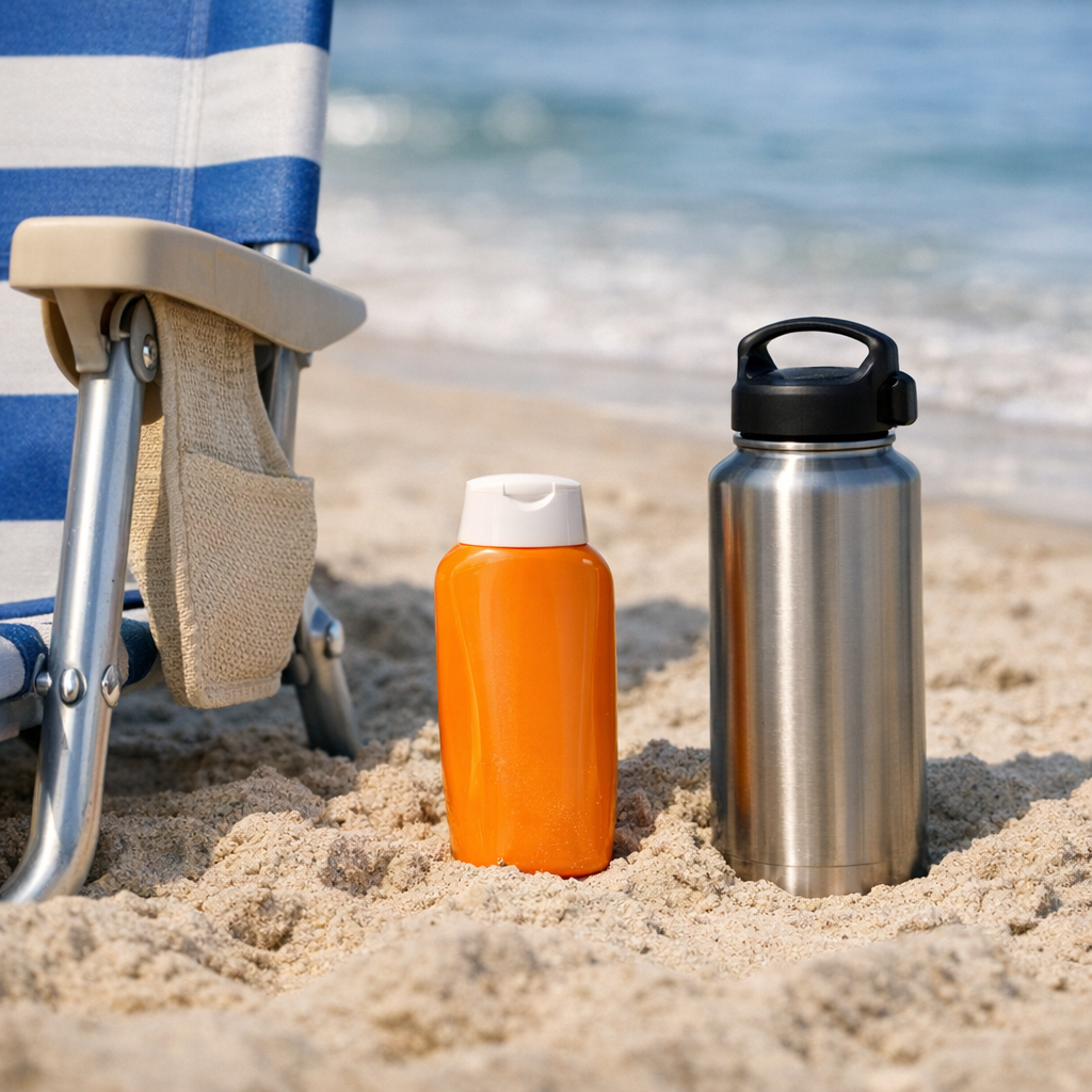 Beach chair, sunscreen, and a reusable water bottle in the sand