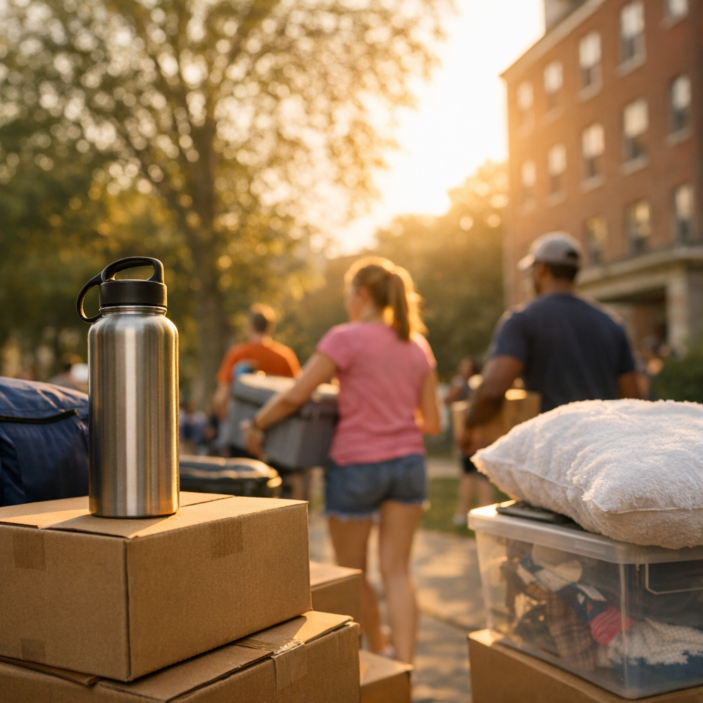 College move-in day with boxes, a reusable water bottle, and warm campus light