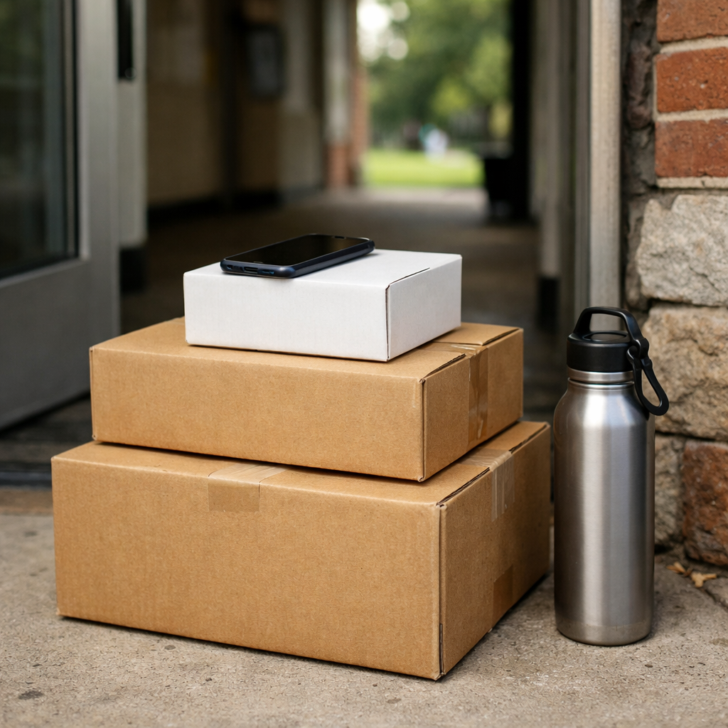 Stacked boxes, a phone, and a reusable water bottle near a campus doorway