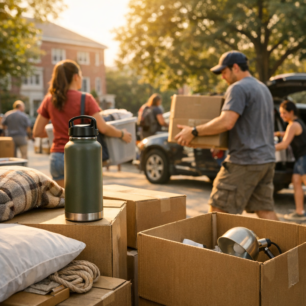 College move-in day with boxes, a reusable water bottle, and warm campus light