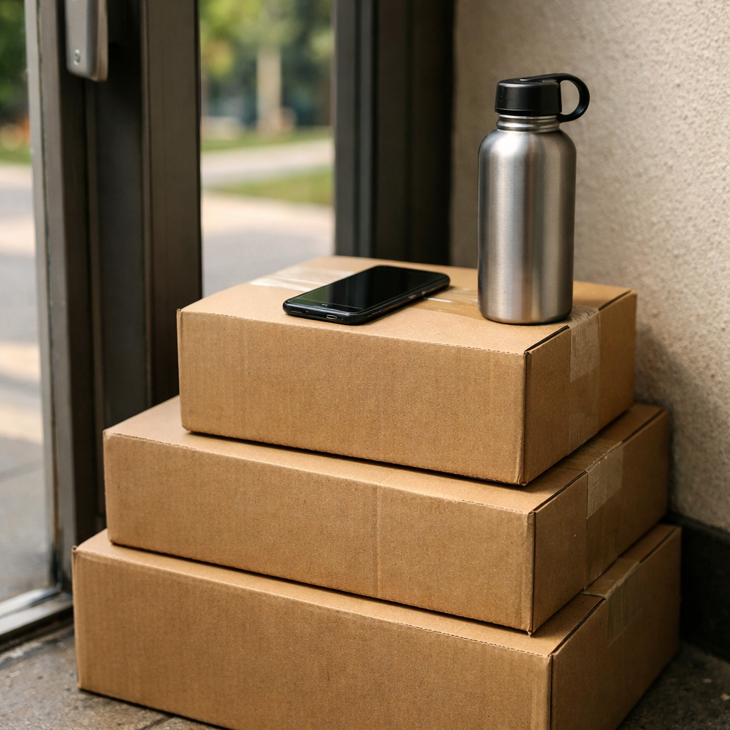 Stacked boxes, a phone, and a reusable water bottle near a campus doorway