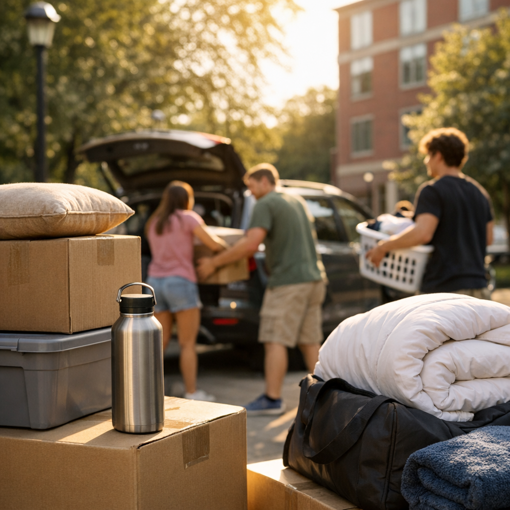 College move-in day with boxes, a reusable water bottle, and warm campus light
