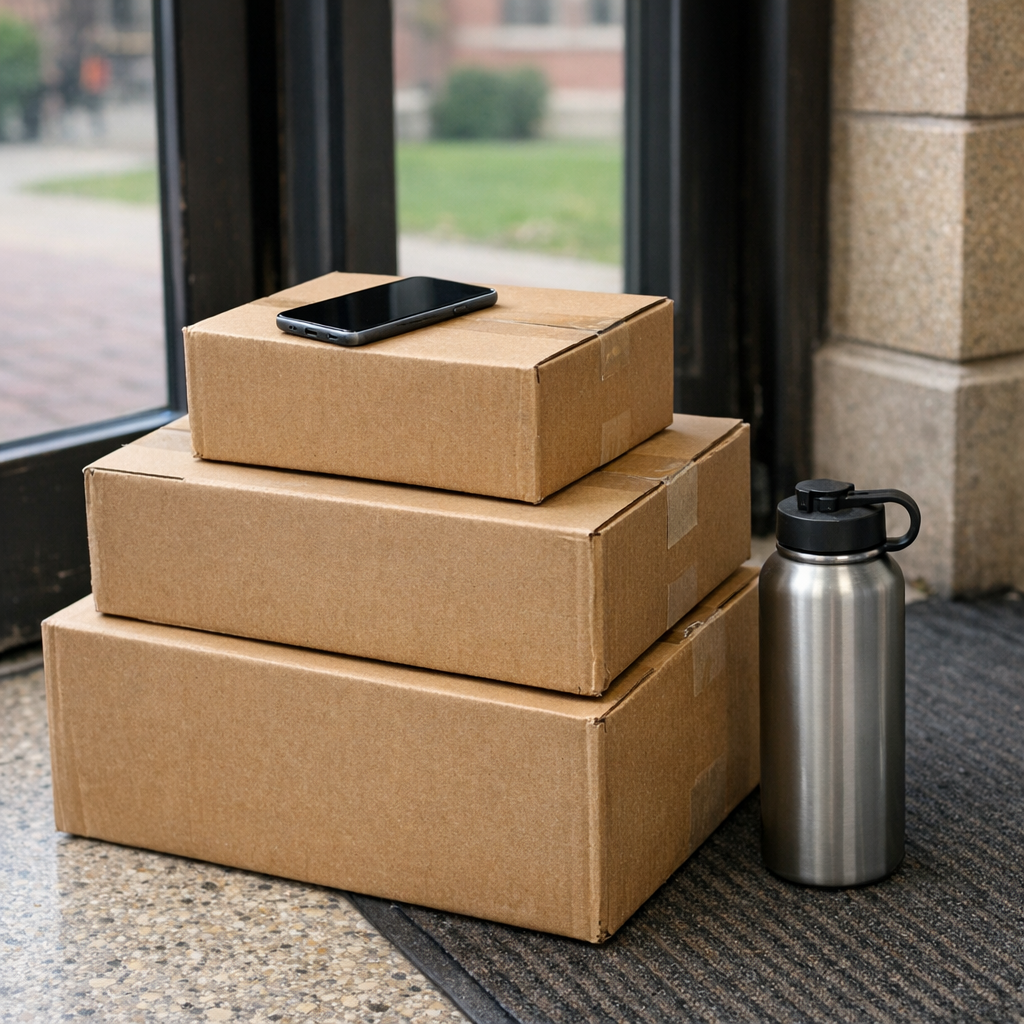 Stacked boxes, a phone, and a reusable water bottle near a campus doorway