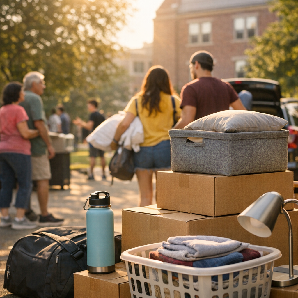 College move-in day with boxes, a reusable water bottle, and warm campus light