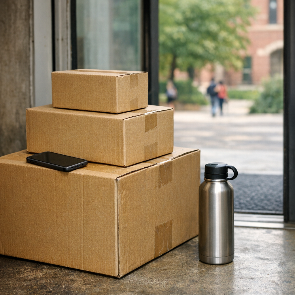 Stacked boxes, a phone, and a reusable water bottle near a campus doorway