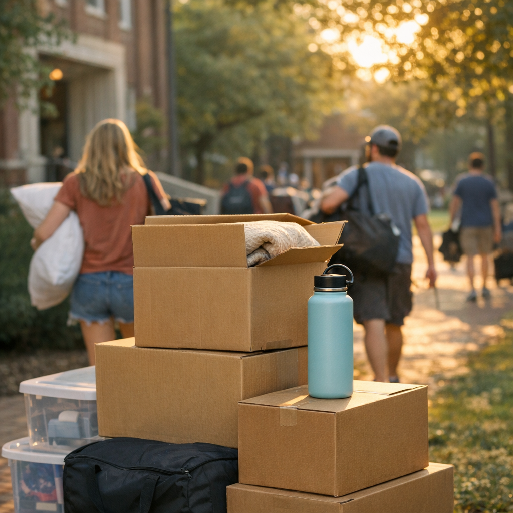 College move-in day with boxes, a reusable water bottle, and warm campus light