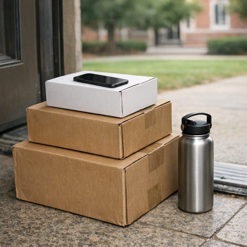 Stacked boxes, a phone, and a reusable water bottle near a campus doorway