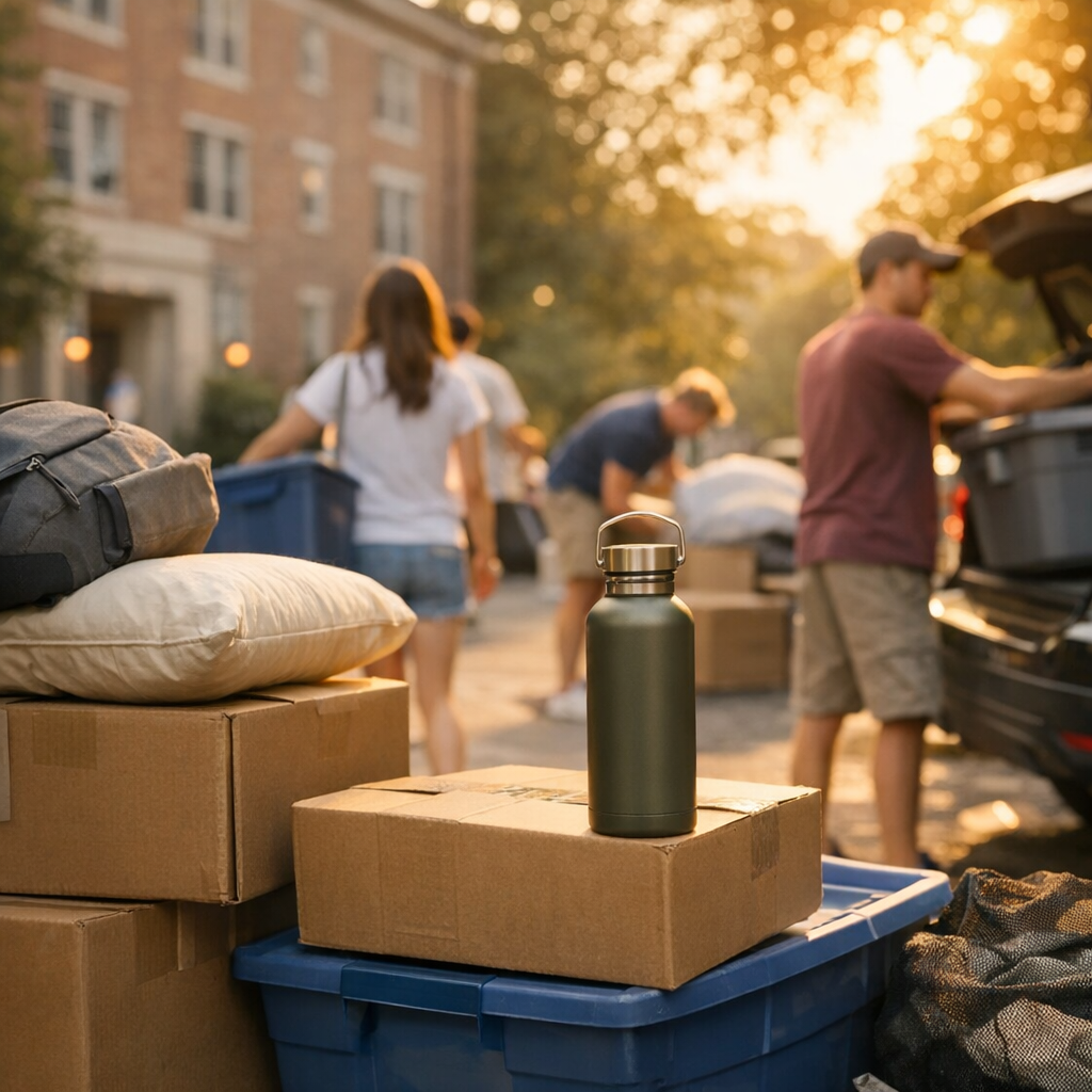 College move-in day with boxes, a reusable water bottle, and warm campus light
