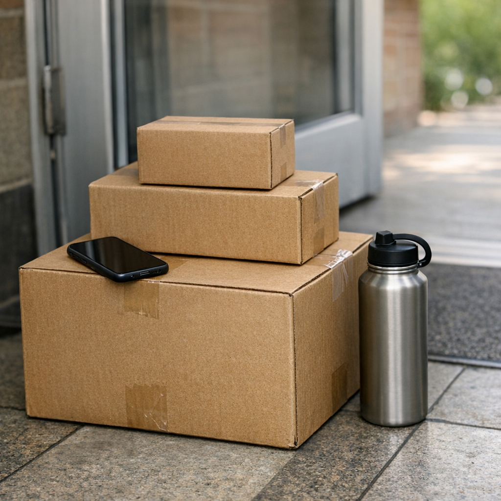 Stacked boxes, a phone, and a reusable water bottle near a campus doorway