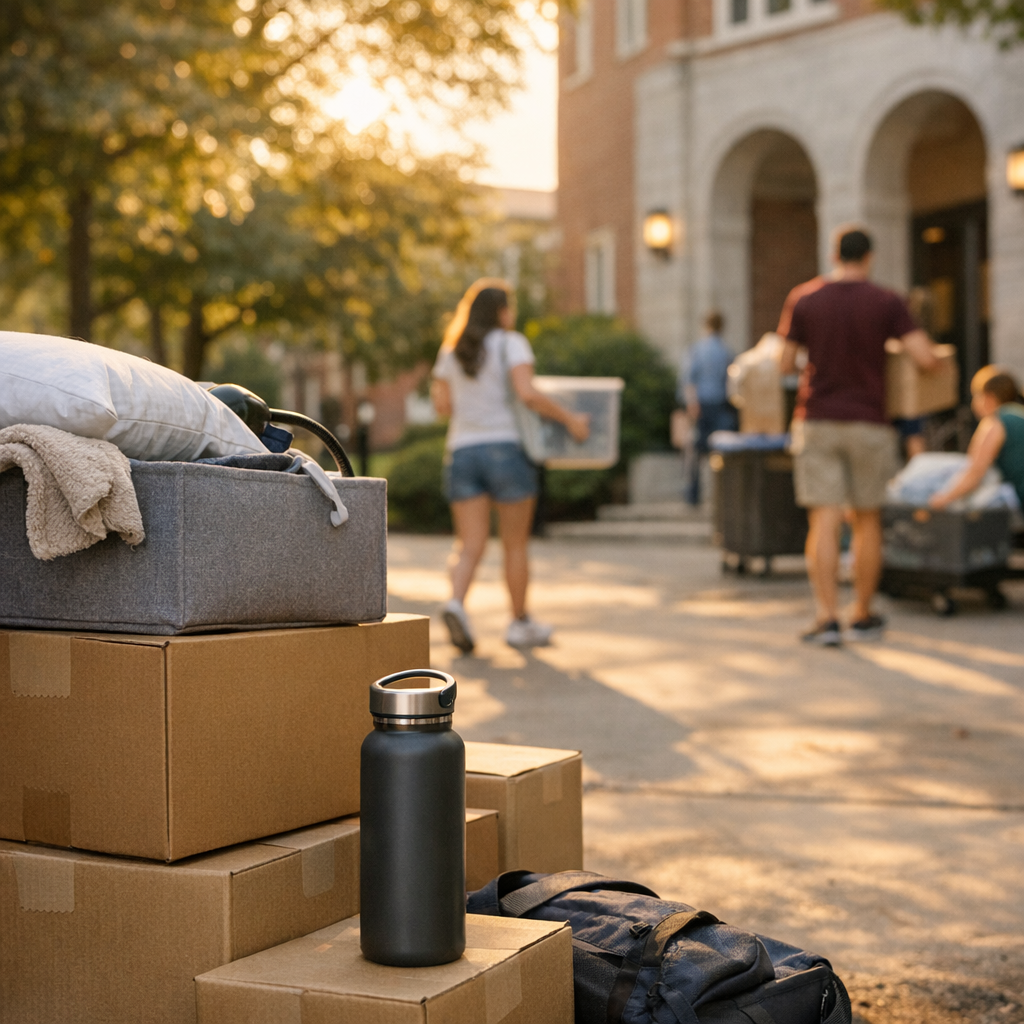 College move-in day with boxes, a reusable water bottle, and warm campus light