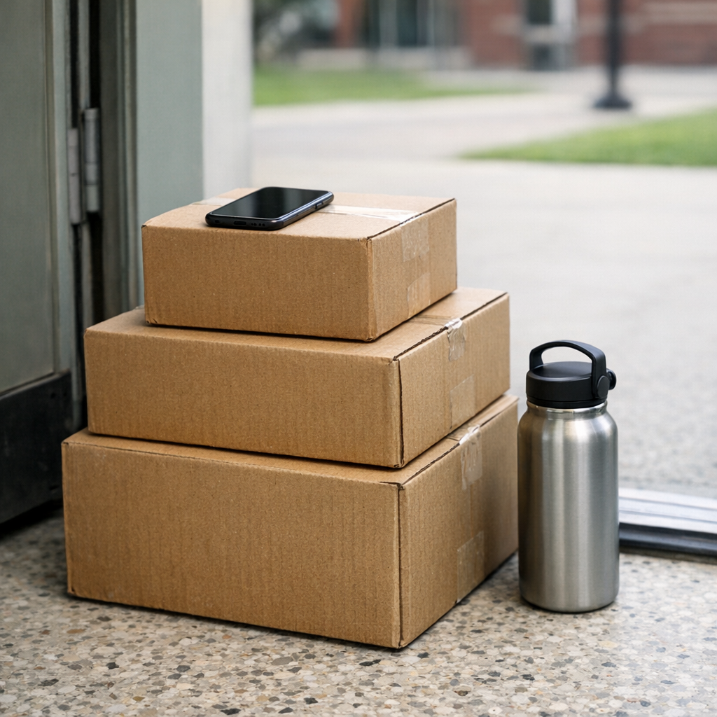 Stacked boxes, a phone, and a reusable water bottle near a campus doorway
