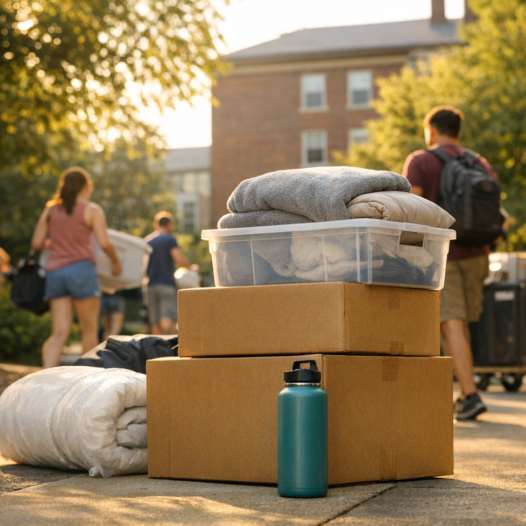 College move-in day with boxes, a reusable water bottle, and warm campus light