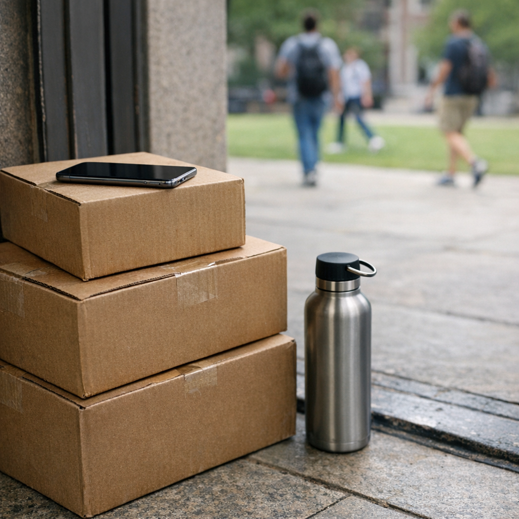 Stacked boxes, a phone, and a reusable water bottle near a campus doorway